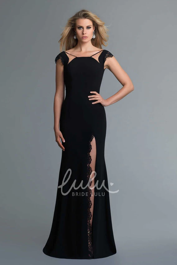 Modern Cap-Sleeve Jersey Formal Dress with Deep-V Back and Lace