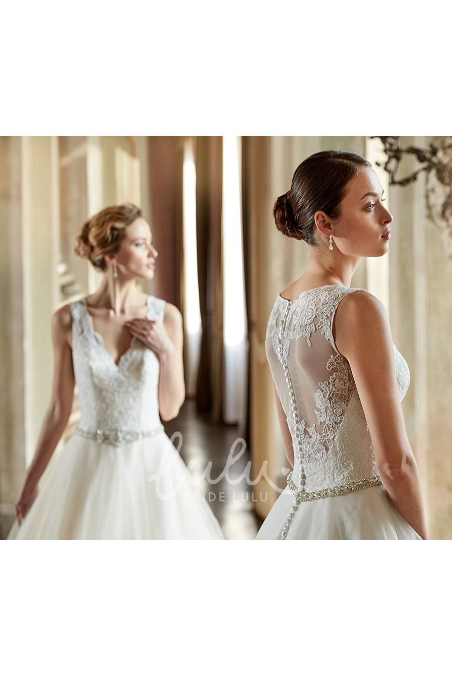 V-Neck Tulle&Lace Ball Gown Wedding Dress with Waist Jewellery