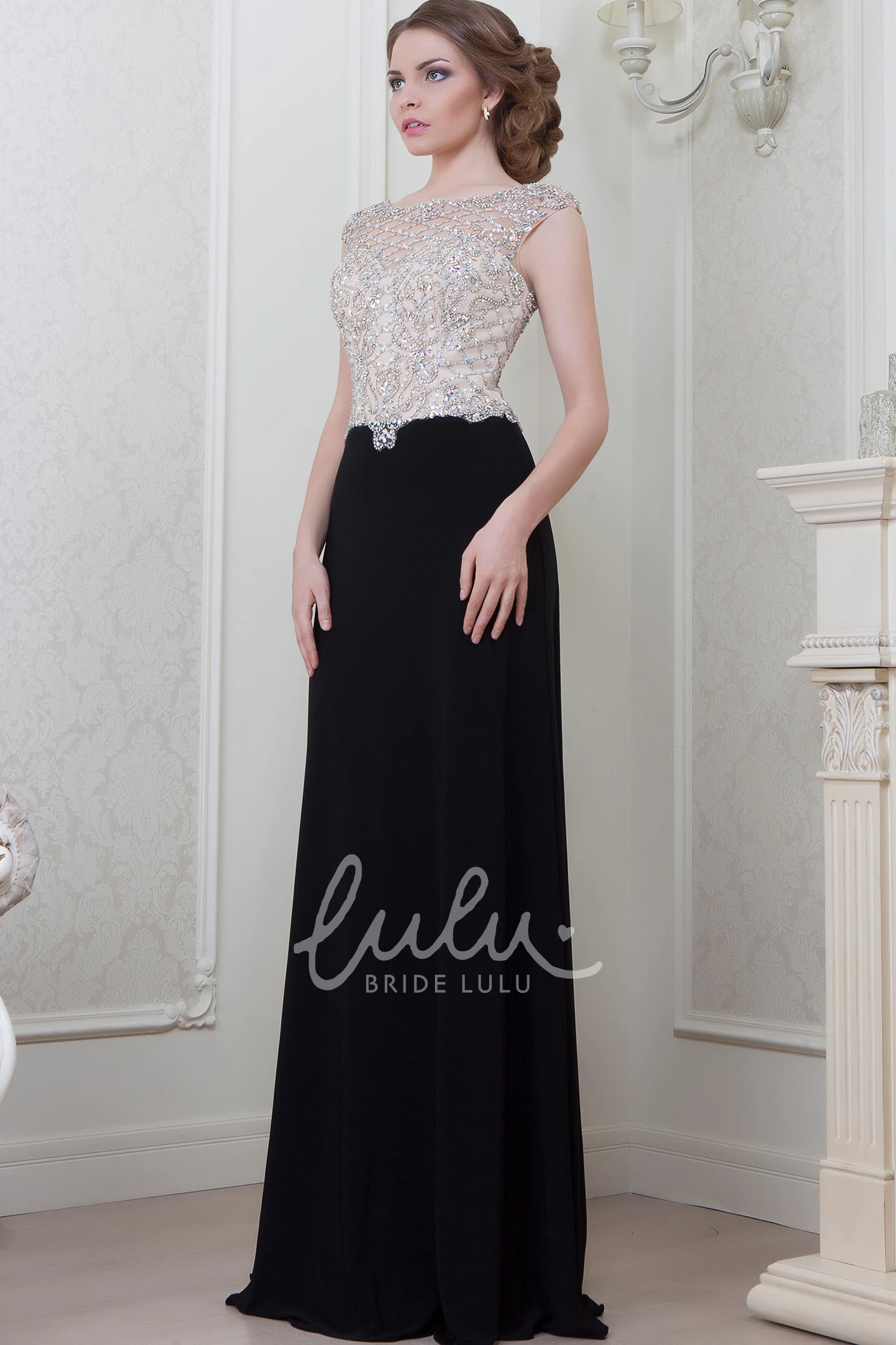 Beaded Cap-Sleeve A-Line Floor-Length Evening Dress Classy Prom Dress