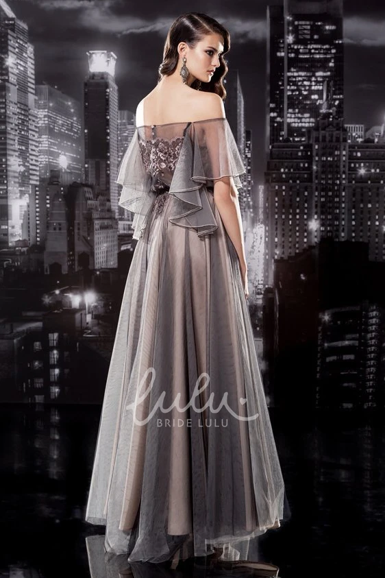 Off-The-Shoulder Tulle Prom Dress with Short Sleeves Illusion and Pleated Appliques