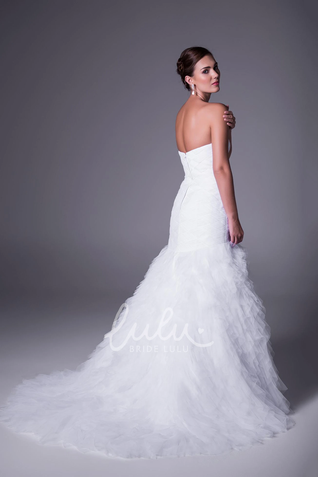 Strapless Tulle Wedding Dress with Cascading Ruffles and Jeweled Waist Flowy Bridal Gown