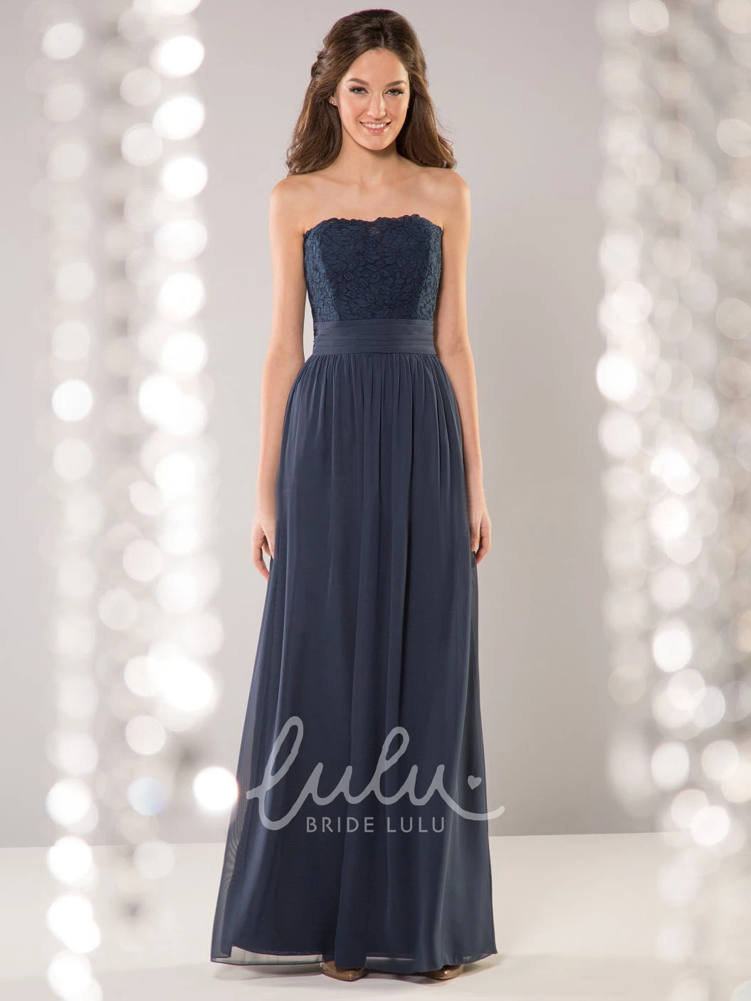Lace Bodice Pleated Bridesmaid Dress with Strapless A-Line