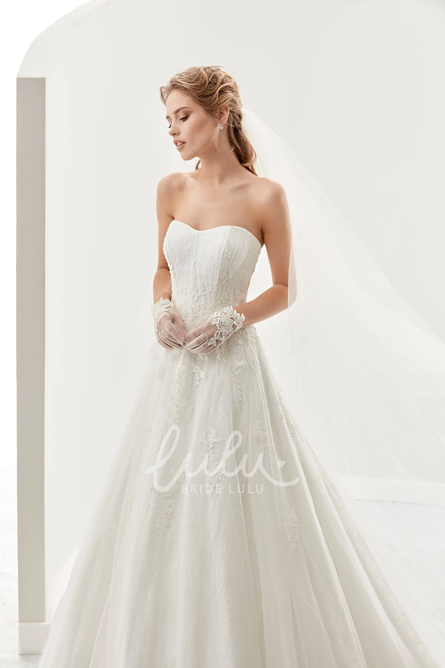 Lace Applique A-Line Wedding Dress with Brush Train and Strapless Design