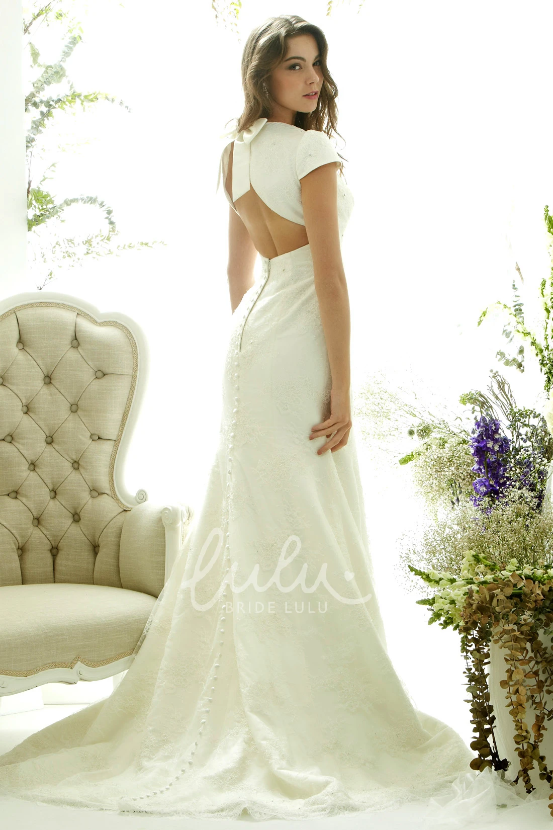 Floor-Length Lace Wedding Dress with Bowed Cap Sleeves Classic Bridal Gown