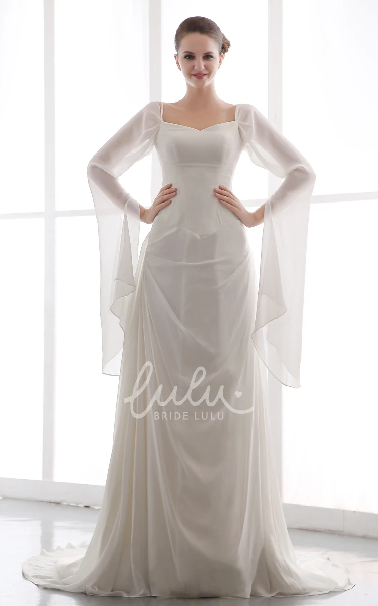 Long Sleeve Chiffon Wedding Dress with Ruching Spaghetti Exquisite