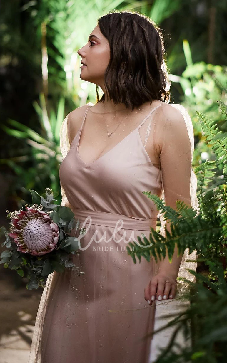 Satin Tulle Long Sleeve Prom Dress Elegant Spaghetti Straps