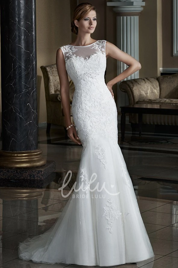 Sleeveless Trumpet Scoop-Neck Tulle&Lace Wedding Dress with Appliques Modern Wedding Dress
