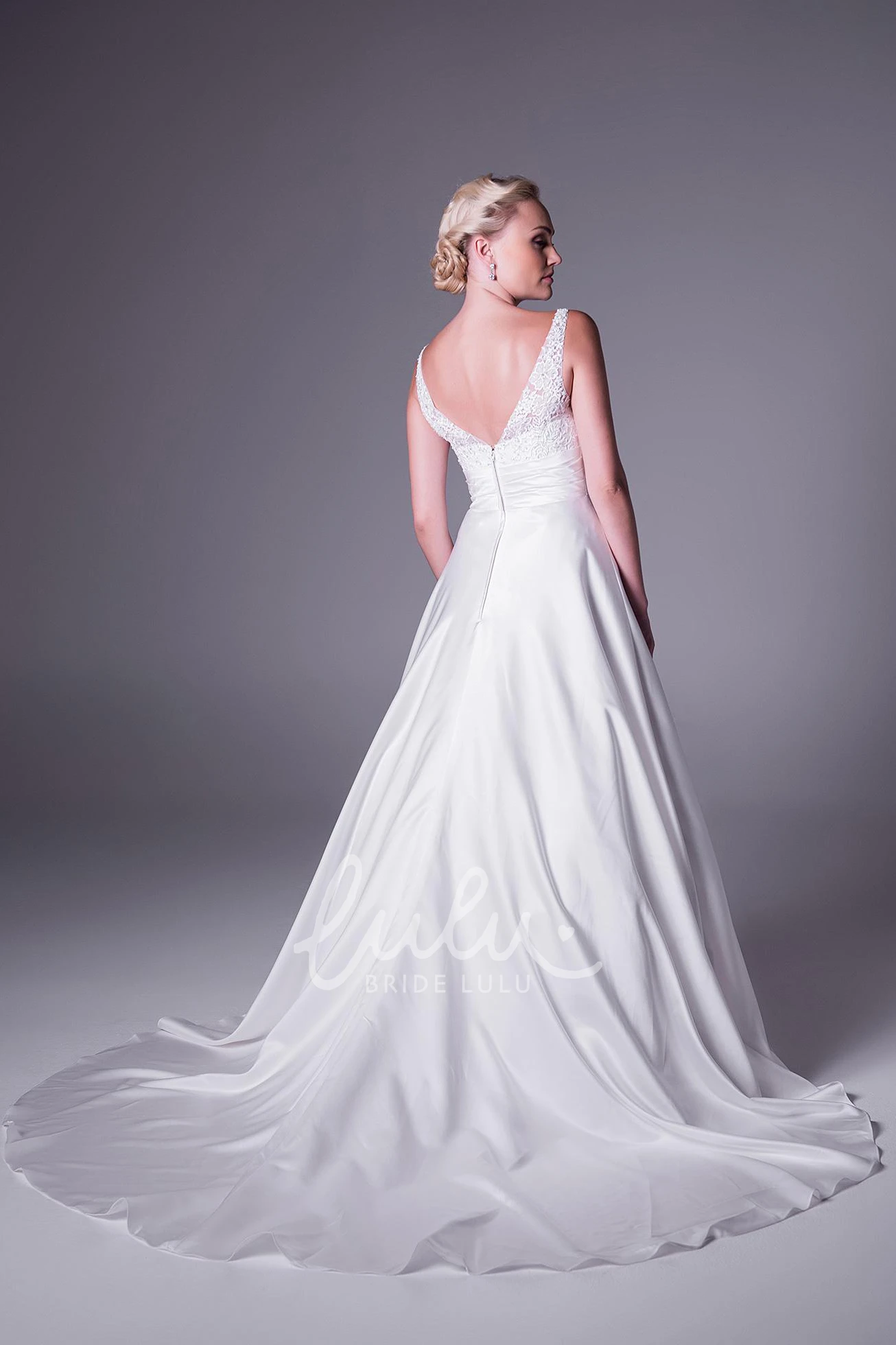 Satin A-Line Wedding Dress with V-Neck Appliques and Sleeveless Design