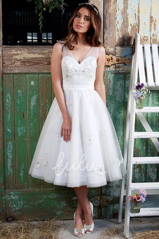 Tea-Length V-Neck Tulle Wedding Dress with Appliques A-Line Bridal Gown