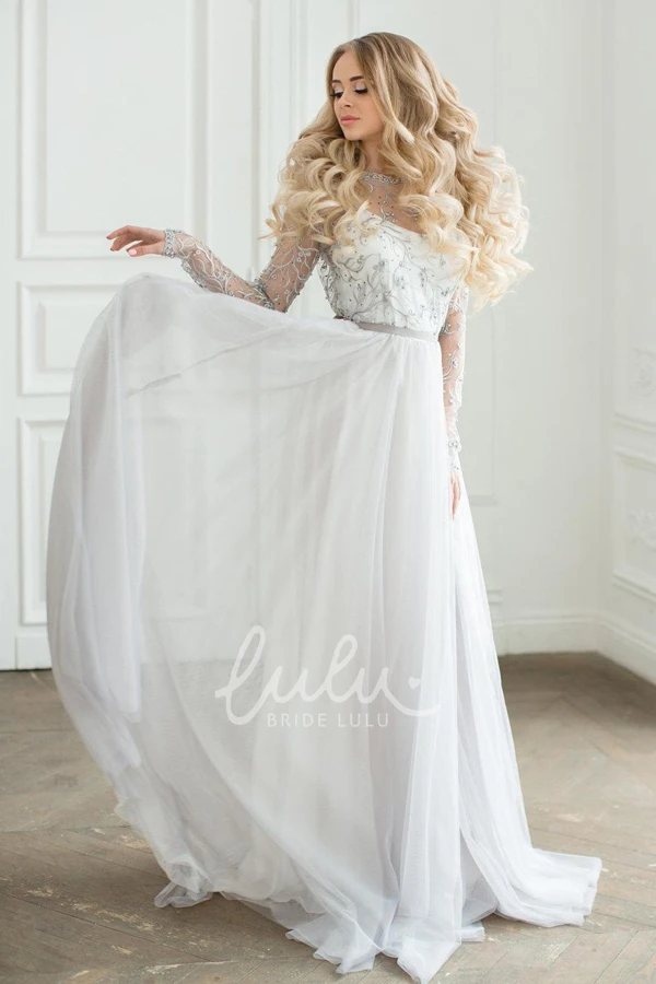 Beaded Tulle Satin Wedding Dress with Lace Embroidery