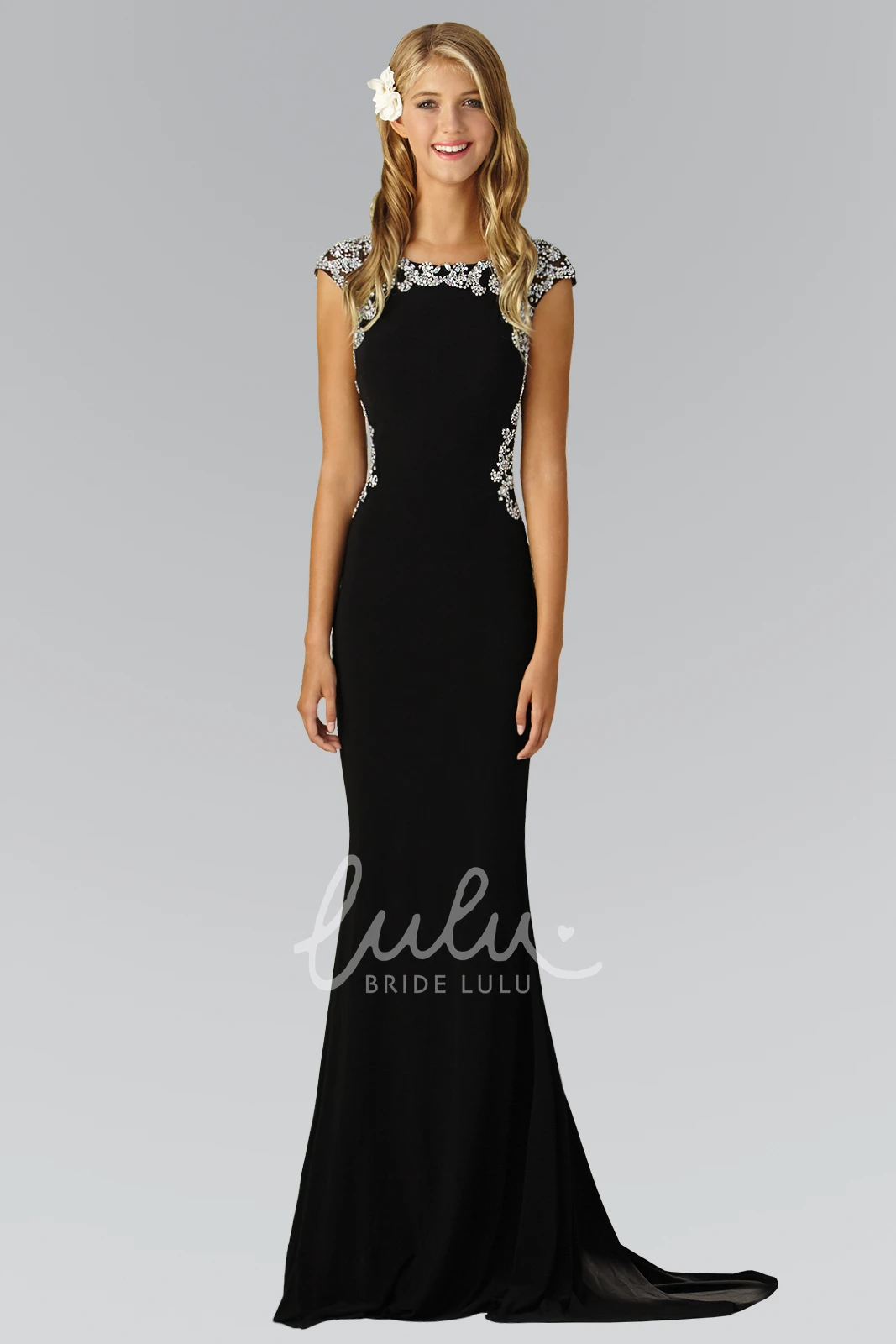 Cap-Sleeve Illusion Sheath Jersey Formal Dress with Beading and Bateau Neckline