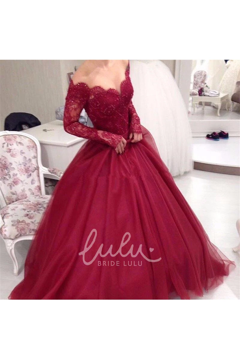 Off-the-Shoulder Tulle Ball Gown with Long Sleeves for Prom or Formal