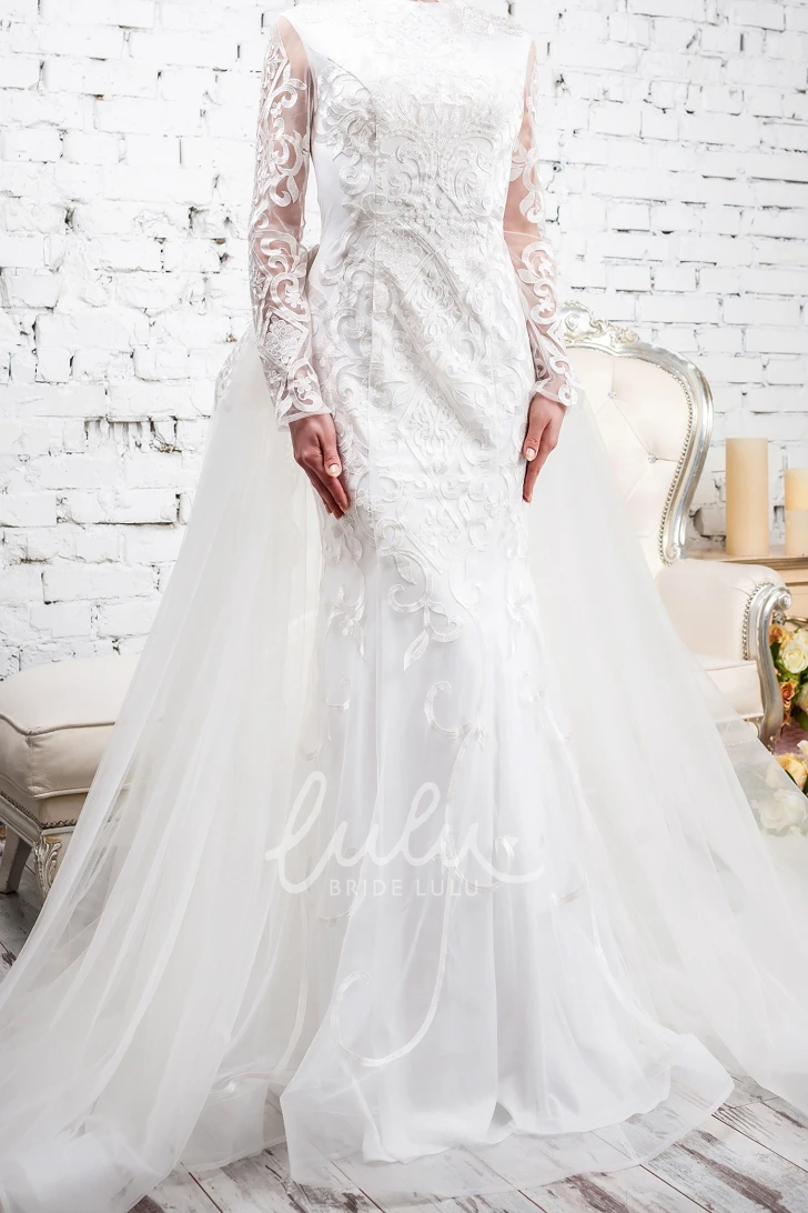 High-Neck Lace & Tulle Sheath Wedding Dress with Appliques