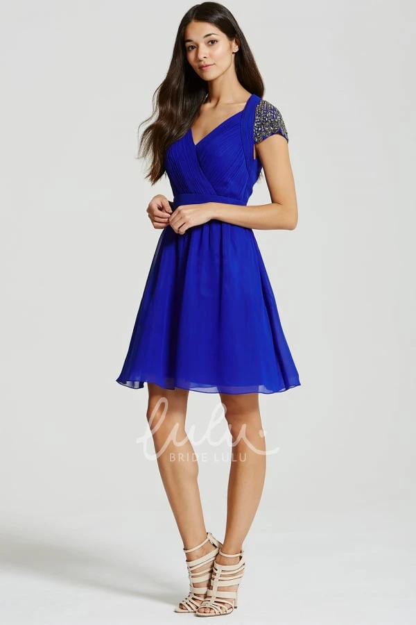 Short V-Neck Ruched Chiffon Bridesmaid Dress with Beading and Keyhole 2025 Classy Modern