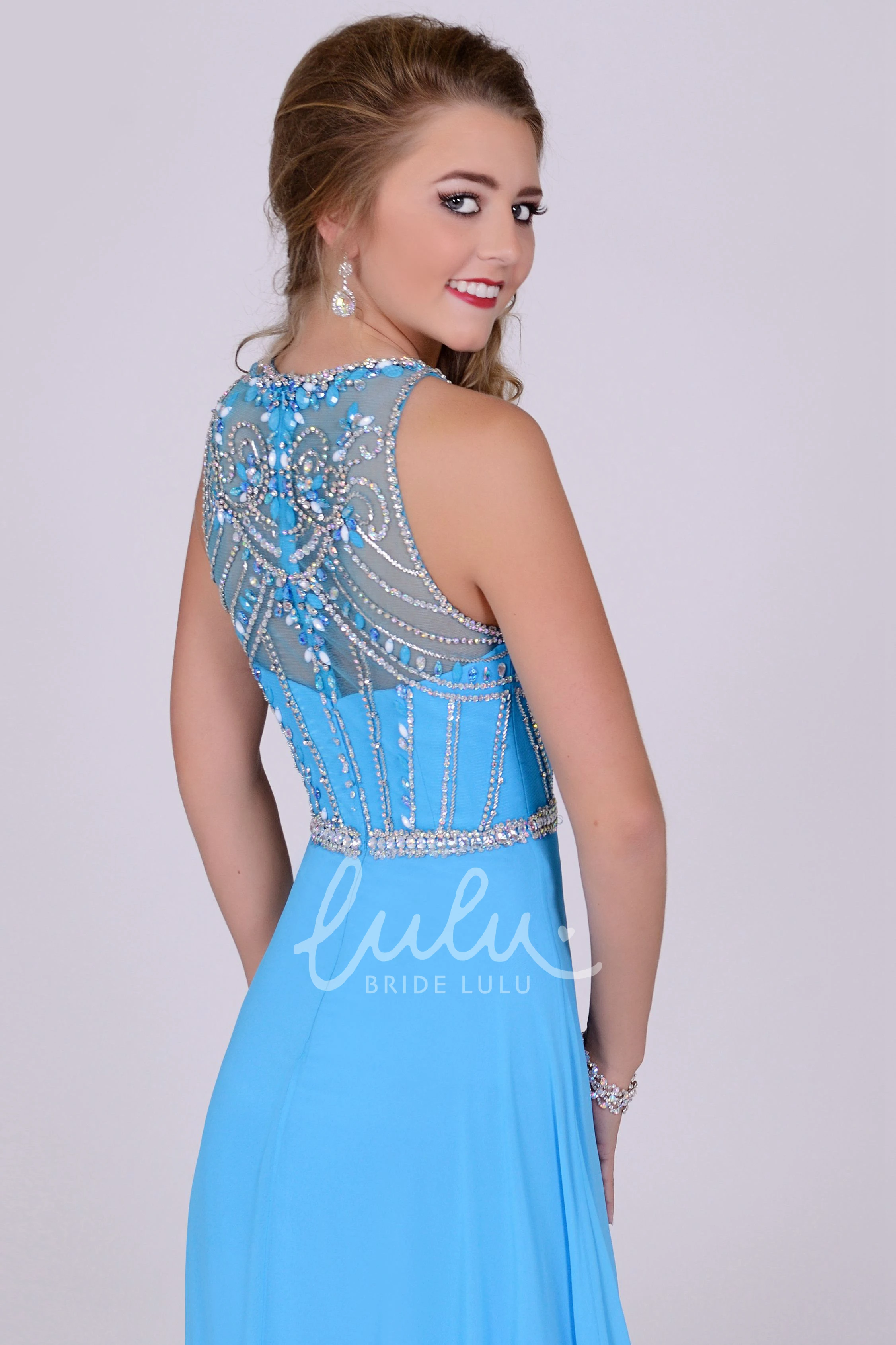 Sleeveless A-Line Chiffon Prom Dress with Jeweled Neckline and Front Draping
