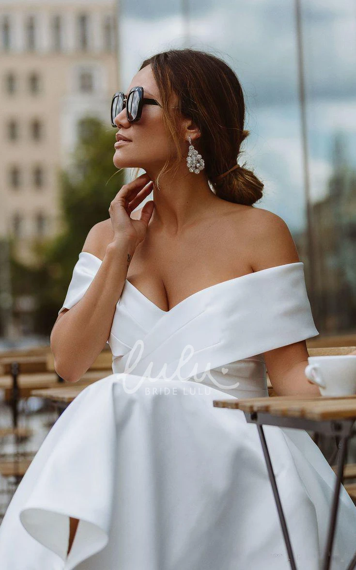 Off-Shoulder A-Line Satin Tea-length Wedding Dress with Ruching Sleeveless