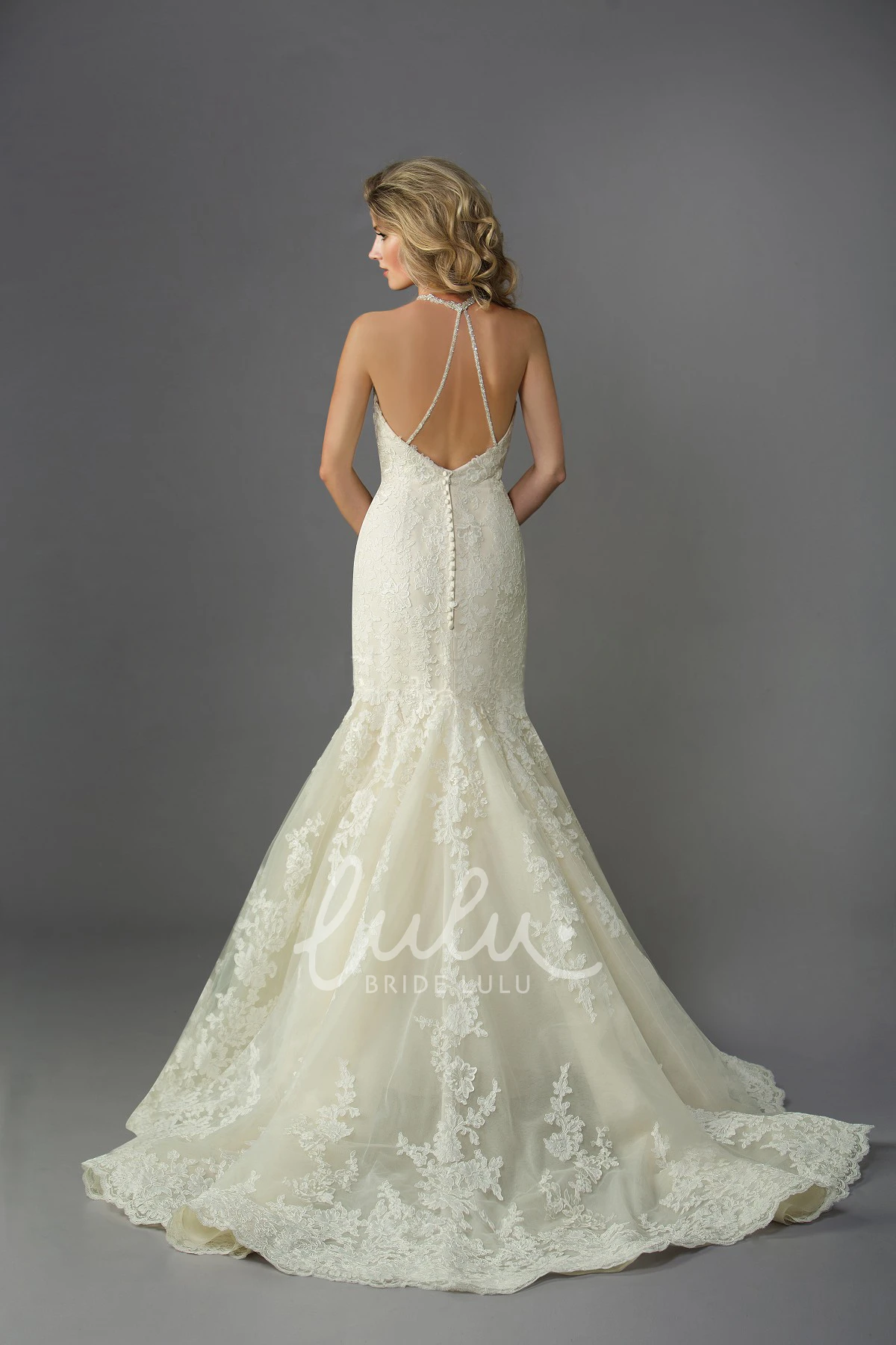 High Neck Jeweled Mermaid Bridesmaid Dress with Lace Appliques