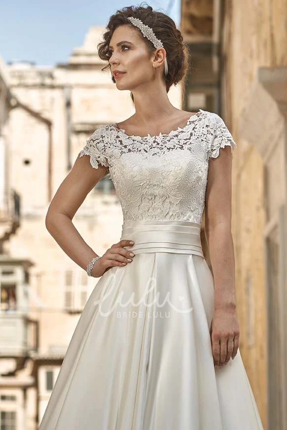 Short-Sleeve Lace Satin A-Line Wedding Dress