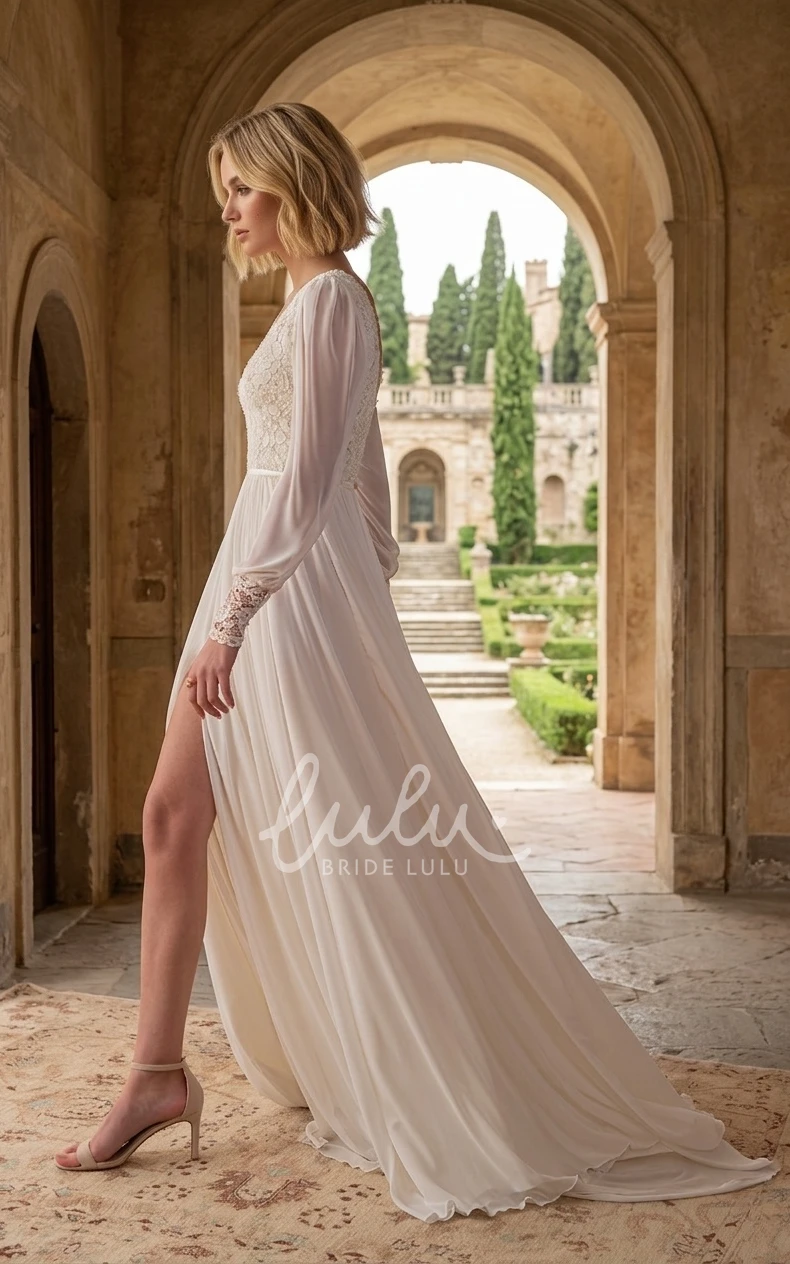 Romantic Elegant Boho Long Sleeve A-Line Lace Chiffon Spring Wedding Dress with Sash Flowy Modest Split Front V-Neck Low Back Court Train Reception Bridal Gown