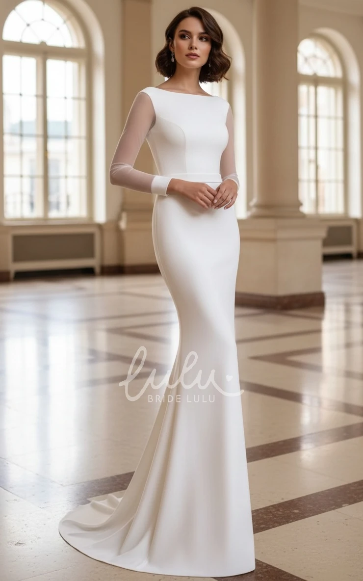 Bateau Neck Simple Solid Mermaid Floor-length Long Sleeve Warm Wedding Dress with Corset Back Sash
