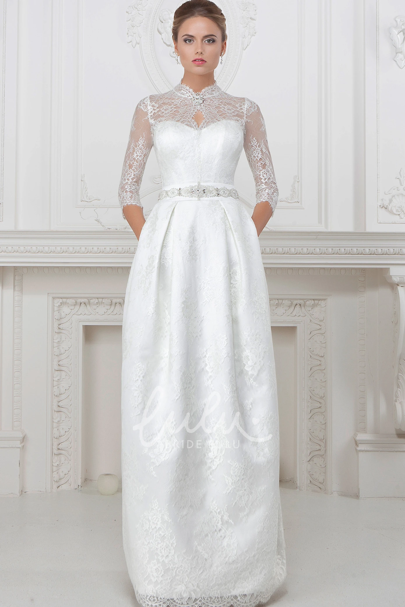 Long Sleeve Lace Wedding Dress with High Neckline and Corset Back Elegant Wedding Dress