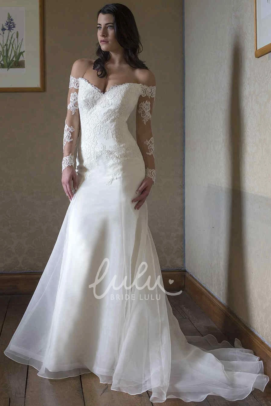 Elegant Off-The-Shoulder Tulle&Lace Wedding Dress with V Back and Appliques