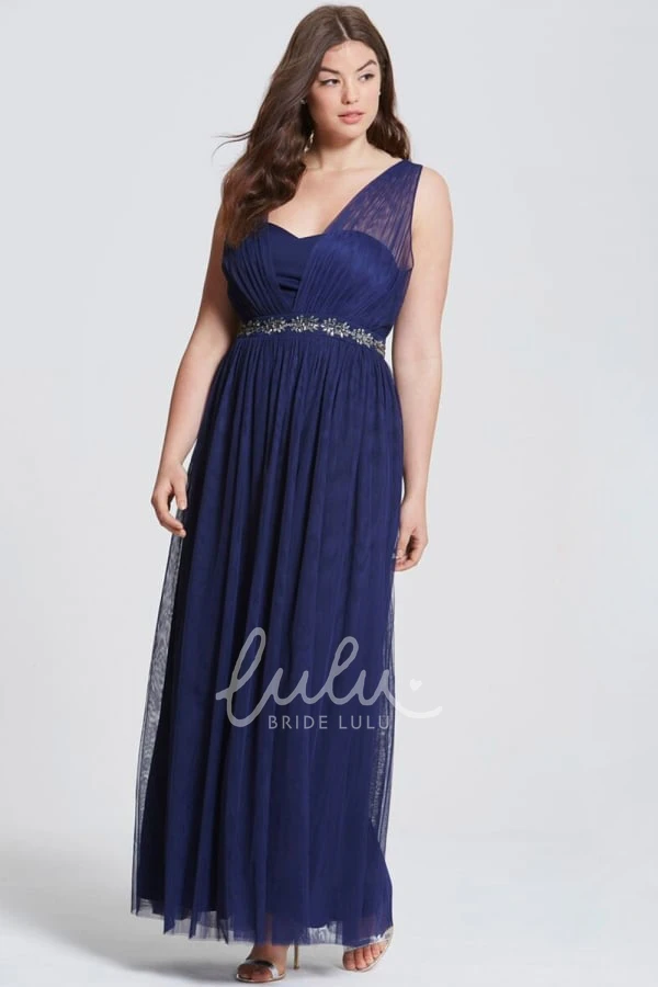 Ankle-Length Tulle Bridesmaid Dress with Sleeveless Design and Ruched Detail