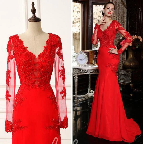 Red Long Sleeve Mermaid Prom Dress with Lace Appliques and Sweep Train