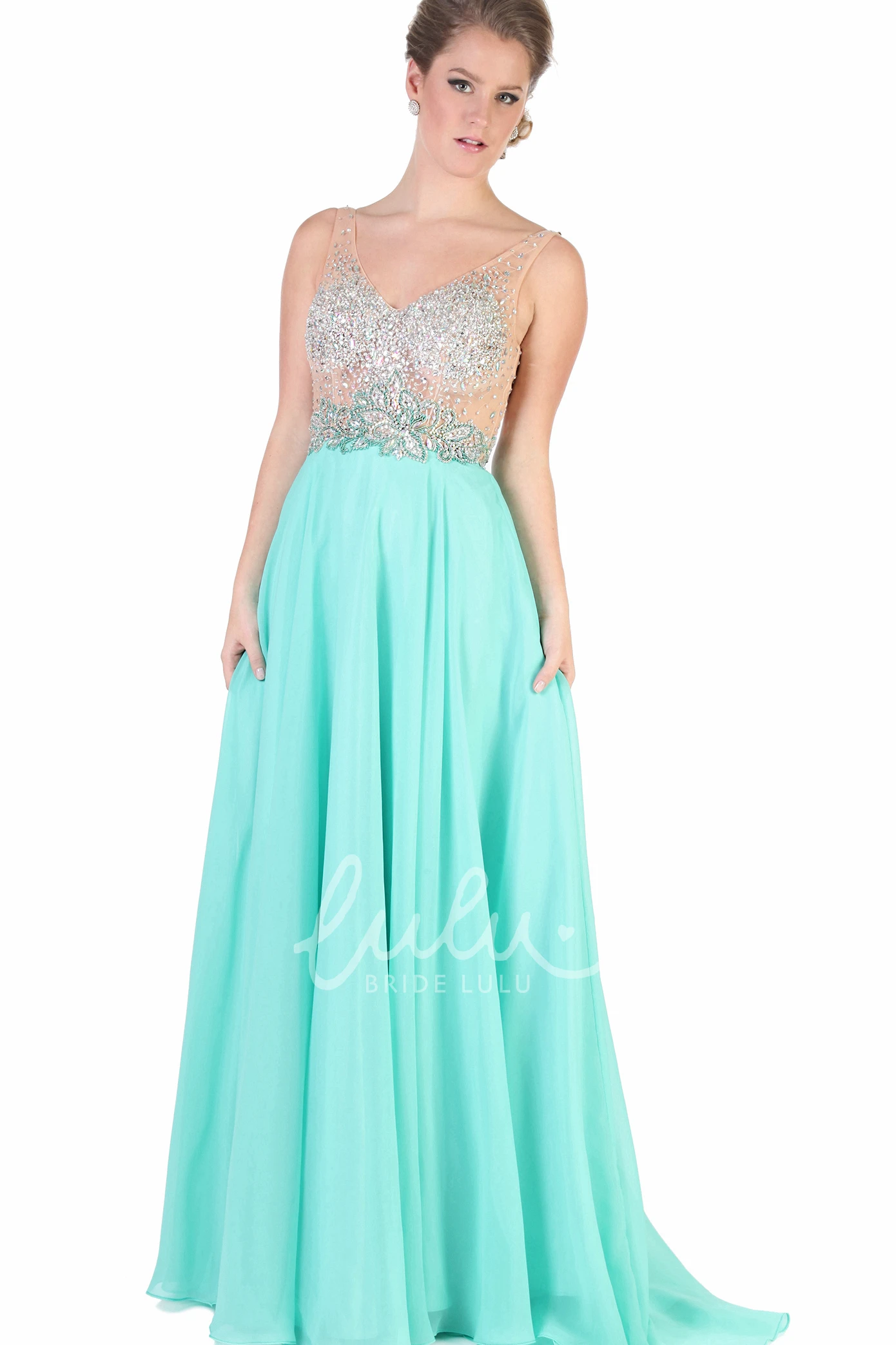 A-Line Beaded Sleeveless Chiffon Evening Dress with V-Neck Long