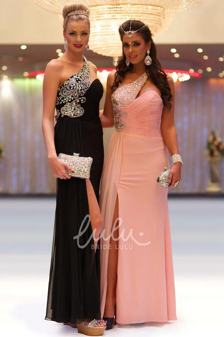 One-Shoulder Beaded Chiffon Prom Dress Sheath Maxi with Ruching and Split Front