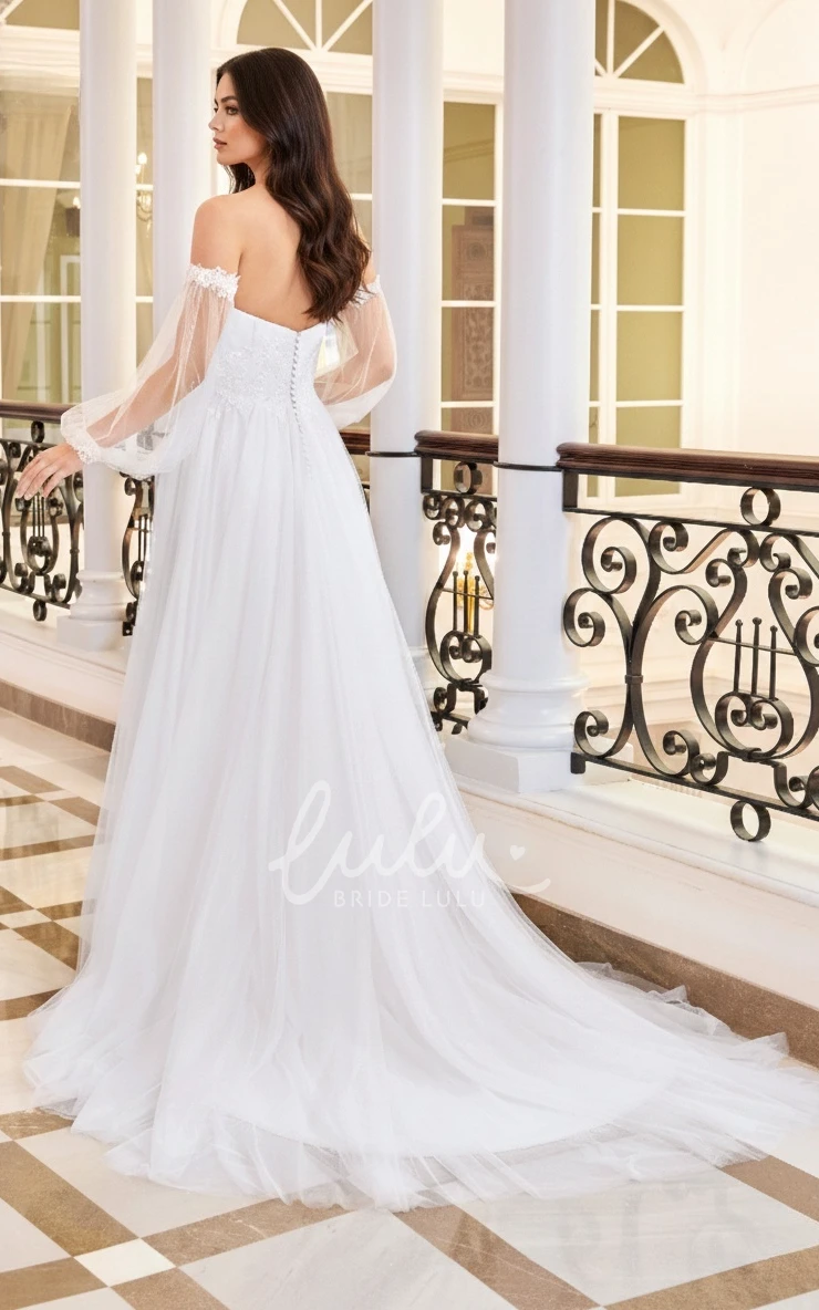 Ethereal Floral A-Line Bohemian Lace off the Shoulder Spring Wedding Dress Romantic Chic Beach Garden Notch V-Neck Puff Sleeve Button Back Floor Length Bridal Gown