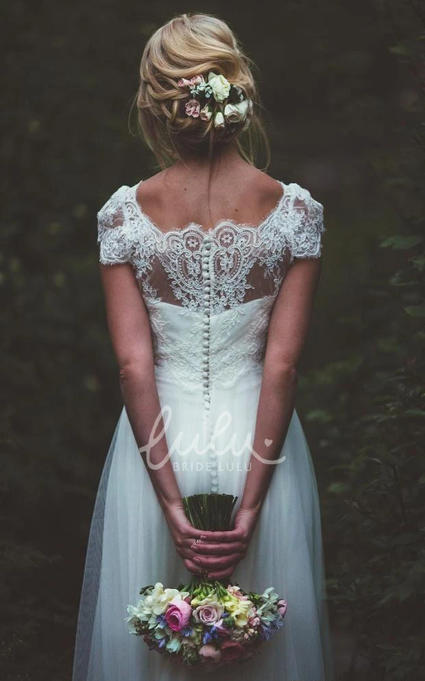 Satin Tulle A-Line Wedding Dress with Lace Short Sleeve Ethereal Button Illusion