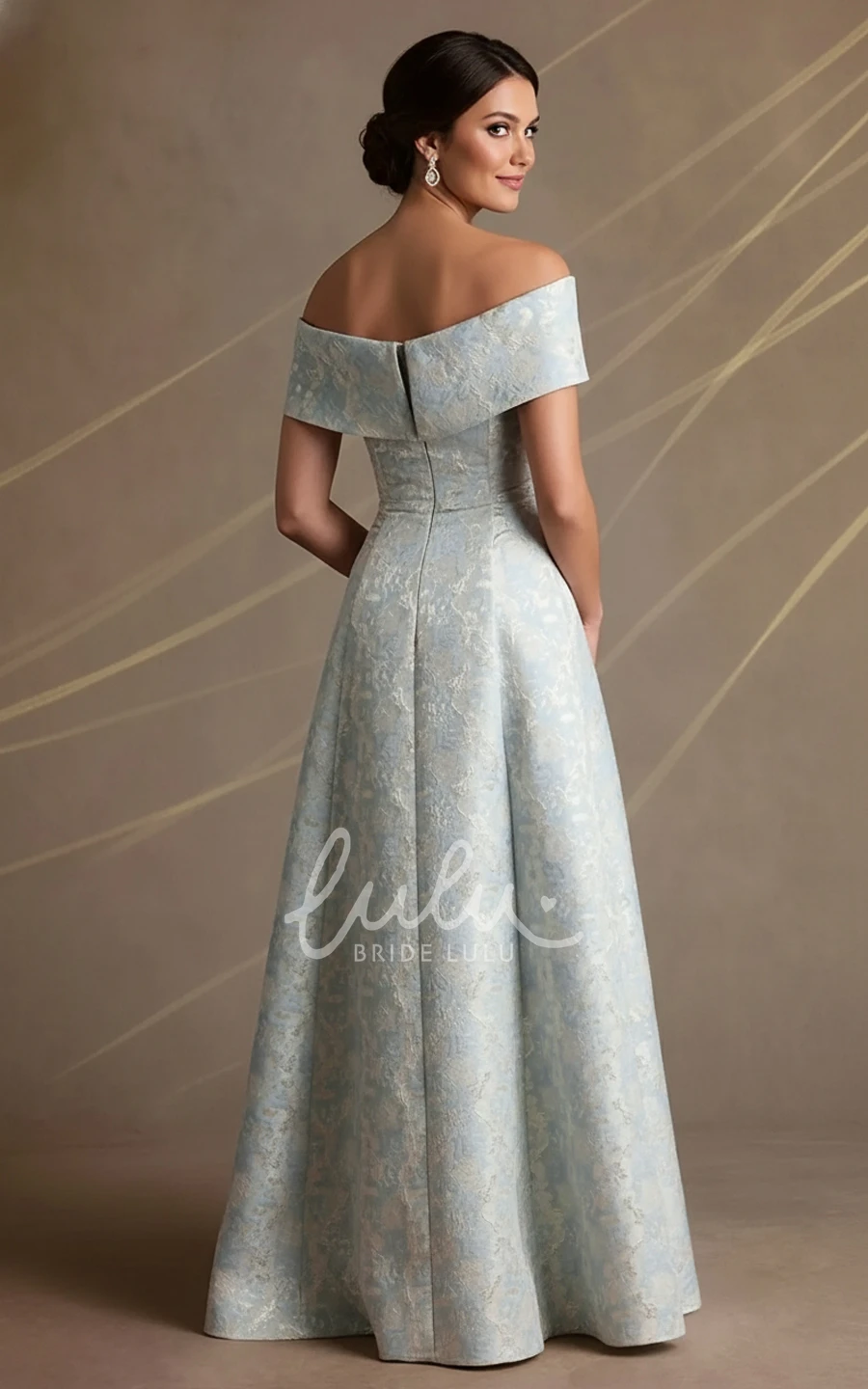 A Line Mother of the Bride Dress Jacquard Off Shoulder Pleated Bodice Formal Evening Gown Floor Length Elegant