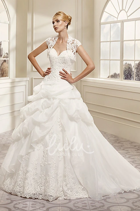Ruffled Sweetheart Organza Ball Gown Wedding Dress with Cape
