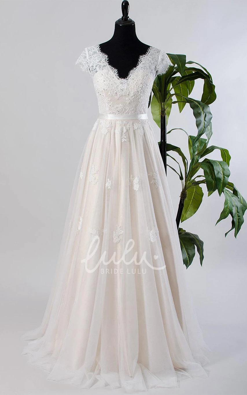 Low-V Back Cap Sleeve Wedding Dress with Tulle and Lace Modern Bridal Gown