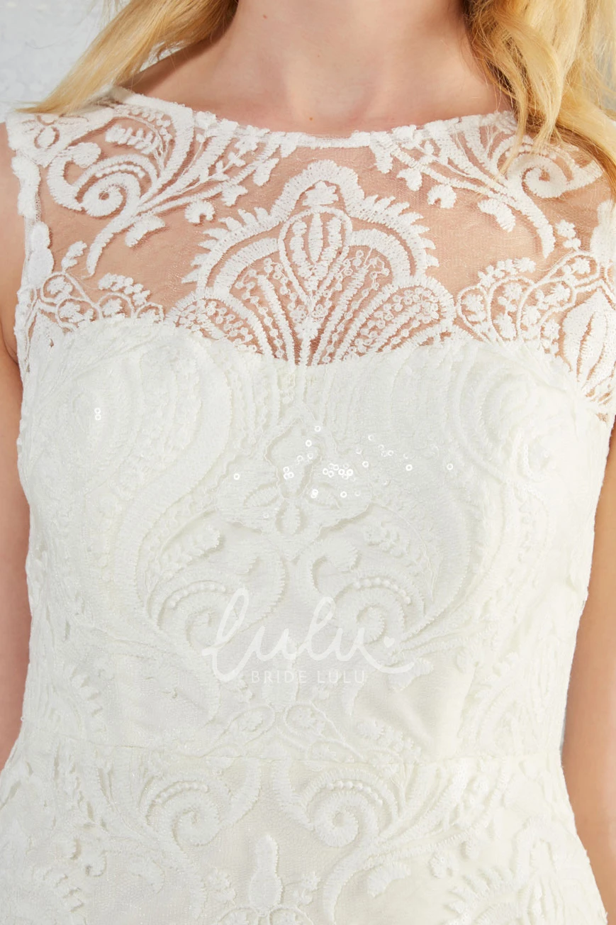 Lace Scoop Wedding Dress with V Back Short Cap Sleeve