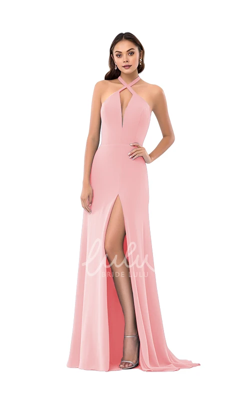 Modern Plunging Neck Satin Bridesmaid Dress Sheath Split Front Classy