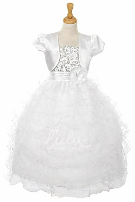 Ankle-Length Bolero Flower Girl Dress with Sequins Organza and Ribbon
