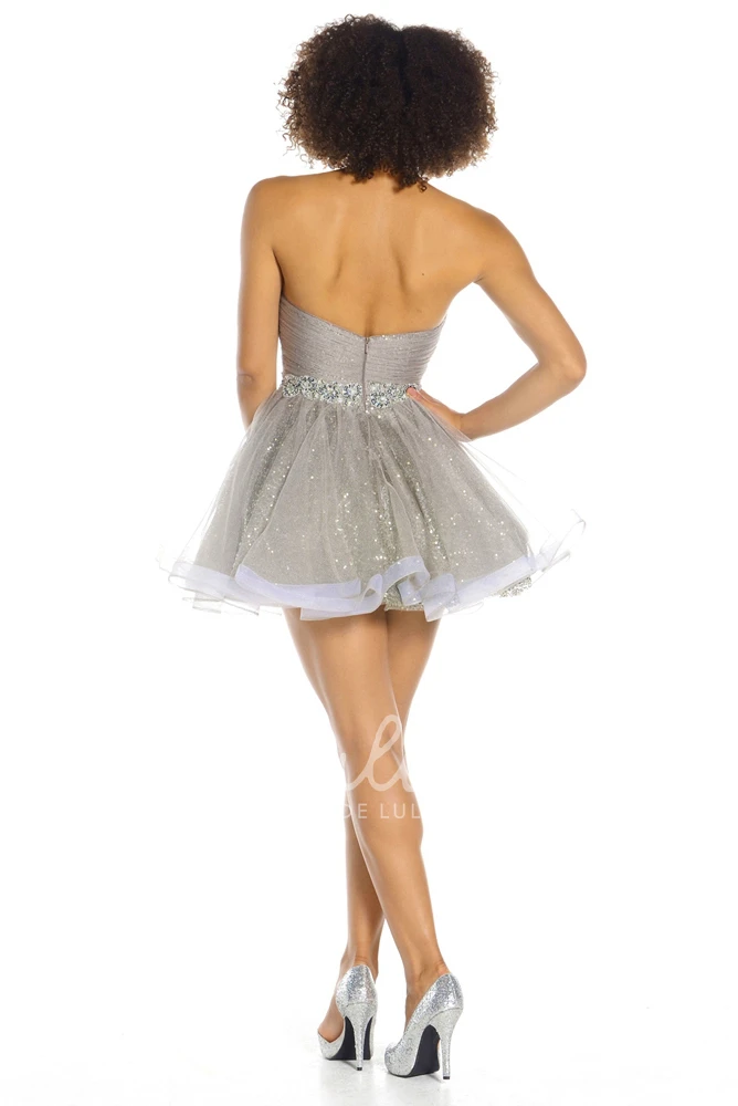 Sleeveless Sweetheart Sequin and Tulle Prom Dress A-Line Ruched Mini with Waist Jewelry