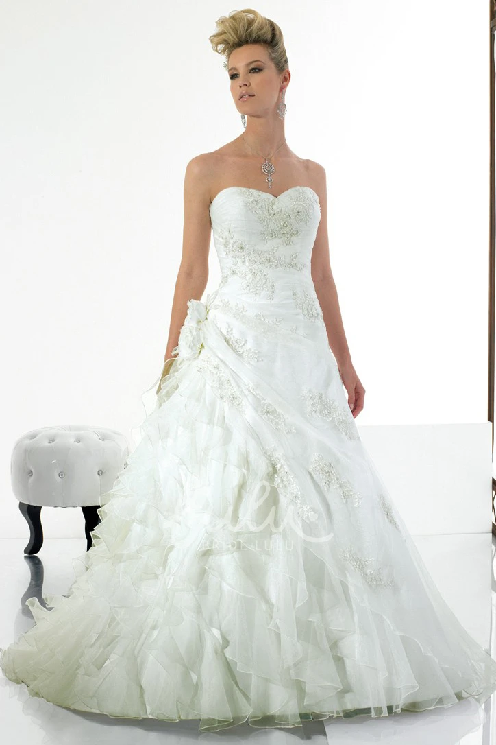 Cascading-Ruffle Sweetheart Wedding Dress with Appliques A-Line Sleeveless