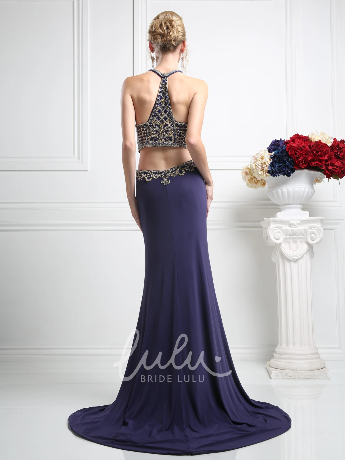 Sleeveless Two-Piece Sheath Jersey Dress with Jewel-Neck and Beading