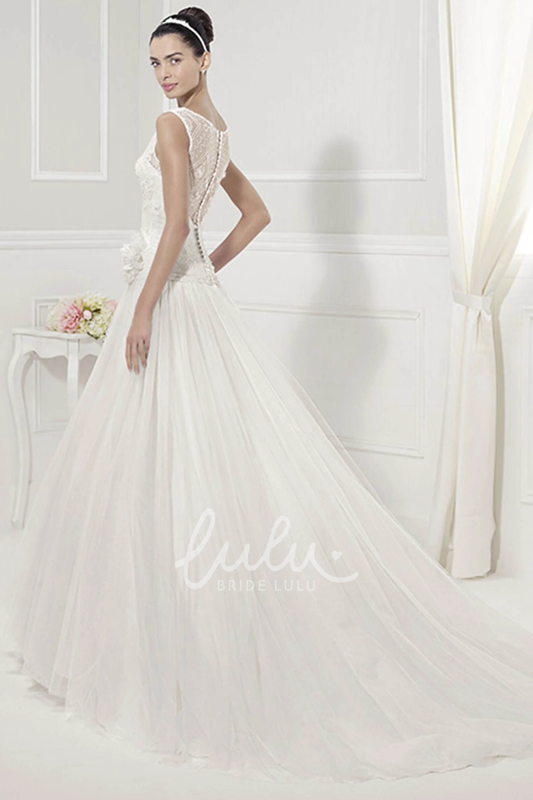 Flower Drop Waist Jewel Neckline Bridal Dress