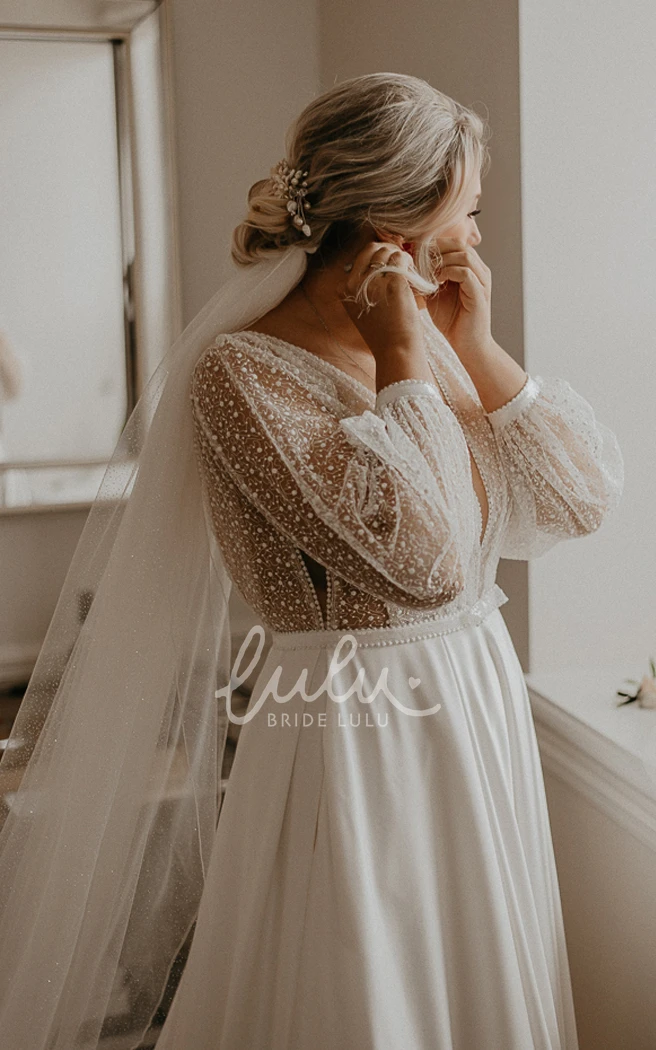 2025 Modern Unique Plus Size A-Line Long Sleeve Wedding Dress Sexy Flowy Illusion Backless Satin Bridal Dress