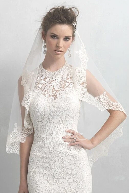 Elbow Length Tulle Veil with Lace Applique Edge for Wedding Dress