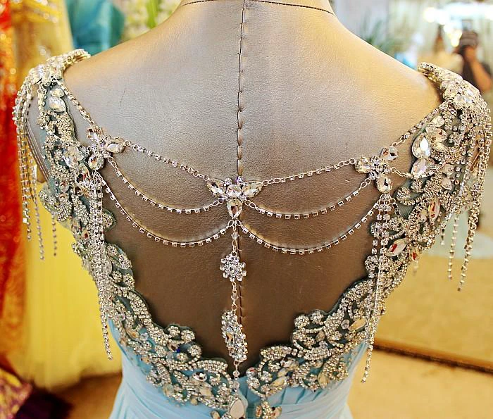 A-Line Backless Blue Prom Dress with Crystal Beading and Blingbling Details