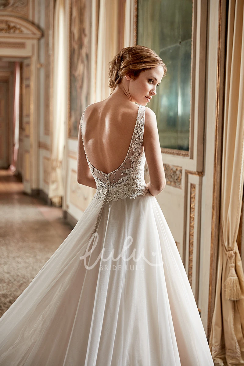 A-Line Tulle Wedding Dress with V-Neck and Appliques