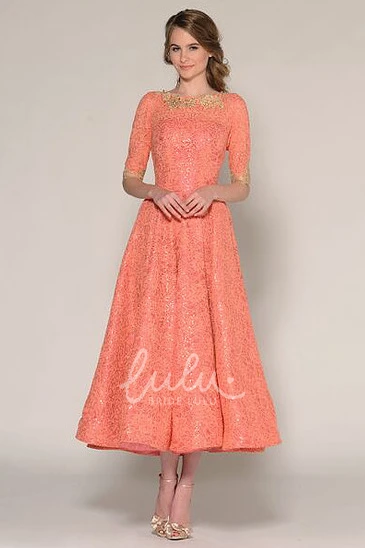 Beaded Lace Tea-Length A-Line Prom Dress with Half Sleeves