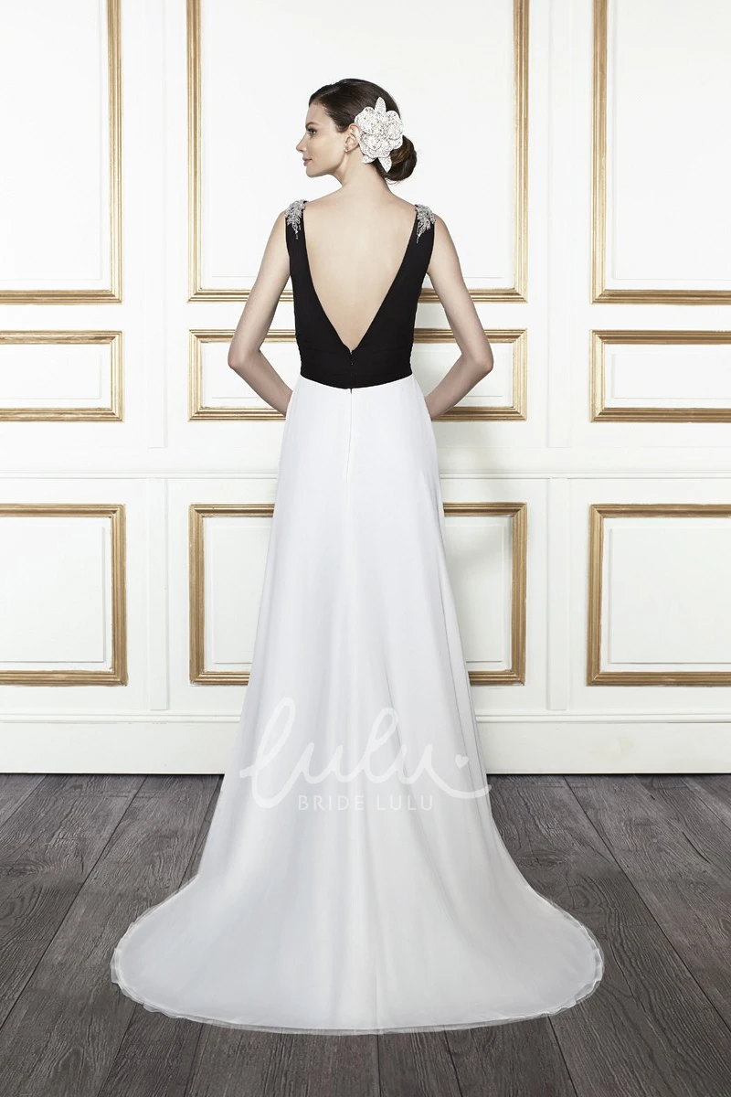 Sleeveless V-Neck Satin Wedding Dress with Epaulet and Deep-V Back Elegant Bridal Gown