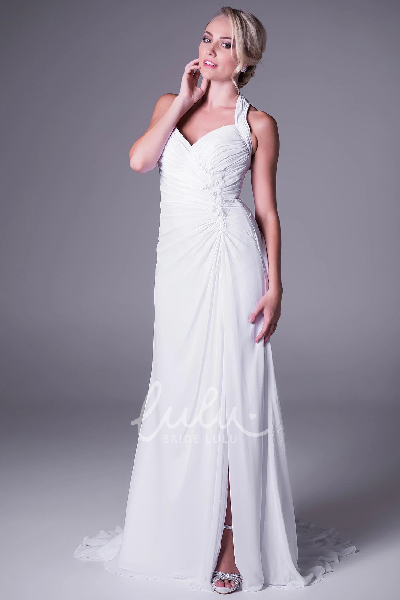Haltered Sleeveless Sheath Chiffon Wedding Dress with Split-Front