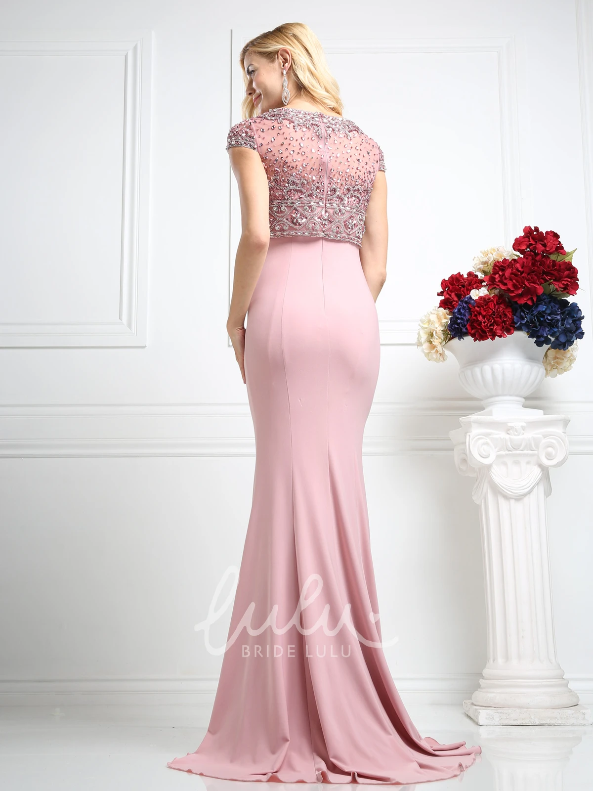 Short Sleeve Sheath Jersey Illusion Dress with Beading Classy Prom Dress